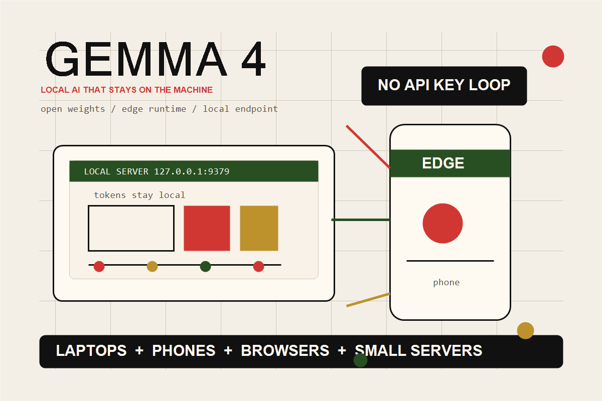 Editorial diagram showing Gemma 4 running locally across a laptop, phone, browser, and small server.